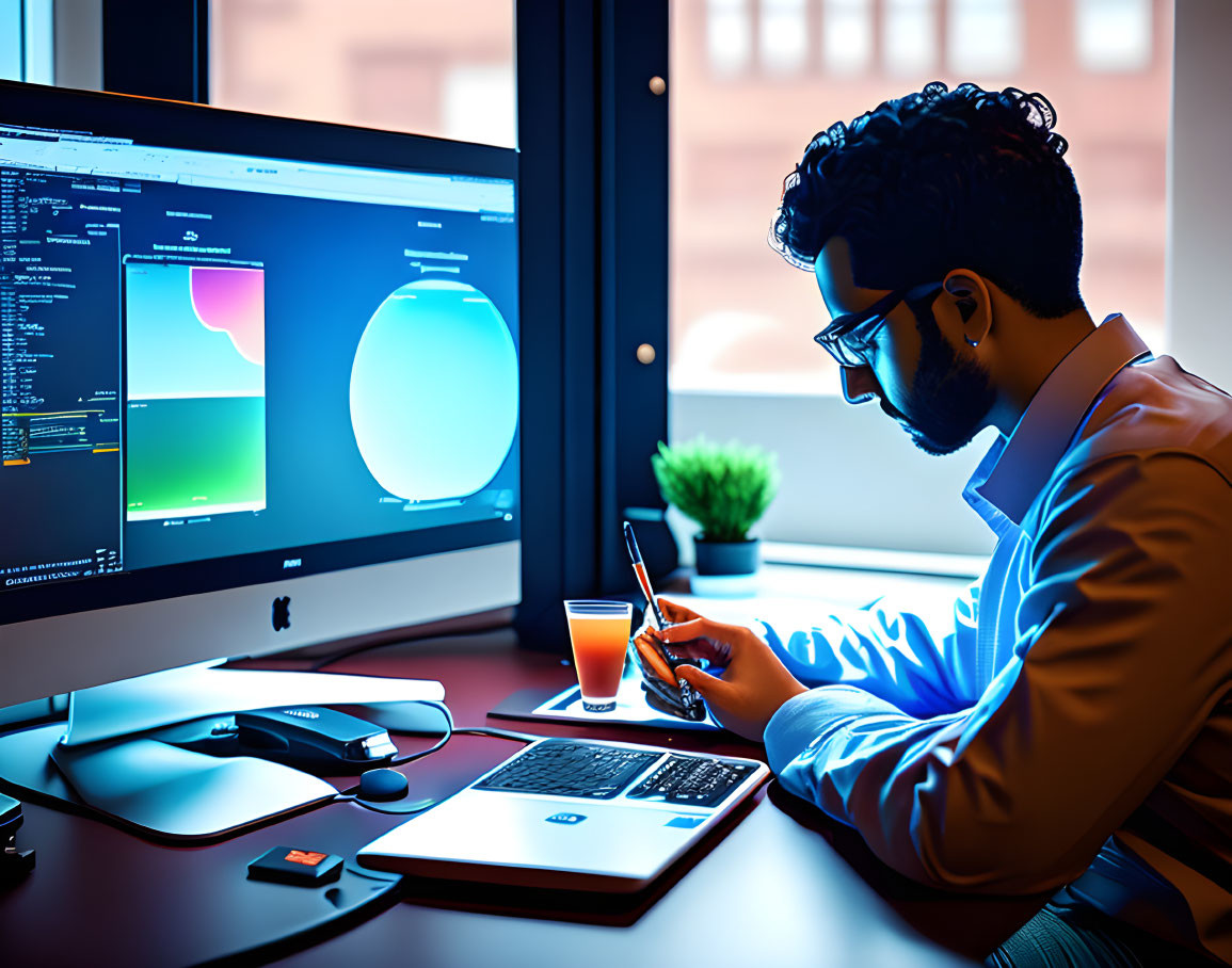 Man working at desk with dual monitors, graphic design software, laptop, notepad, and orange juice