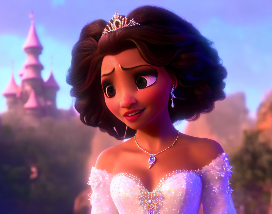 Animated princess with large eyes and curly hair in a tiara and white gown with castle backdrop.