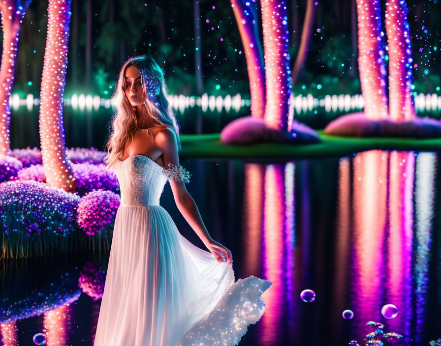 Woman in white dress at colorful lighted water garden at night