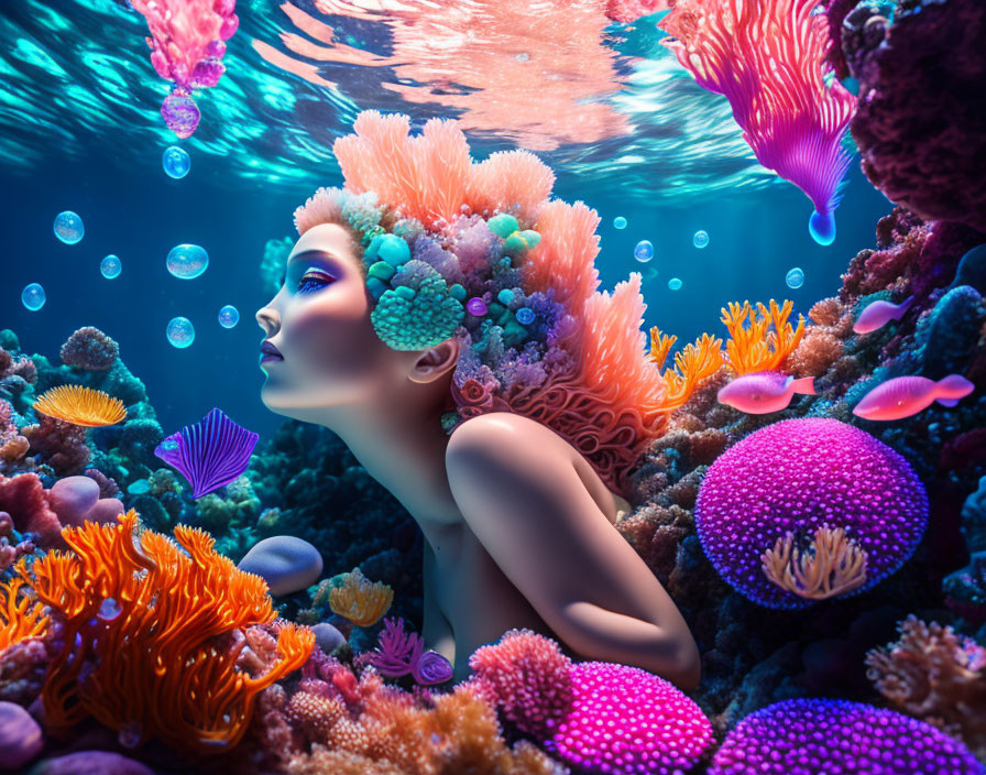 Vibrant underwater seascape with woman and bright coral