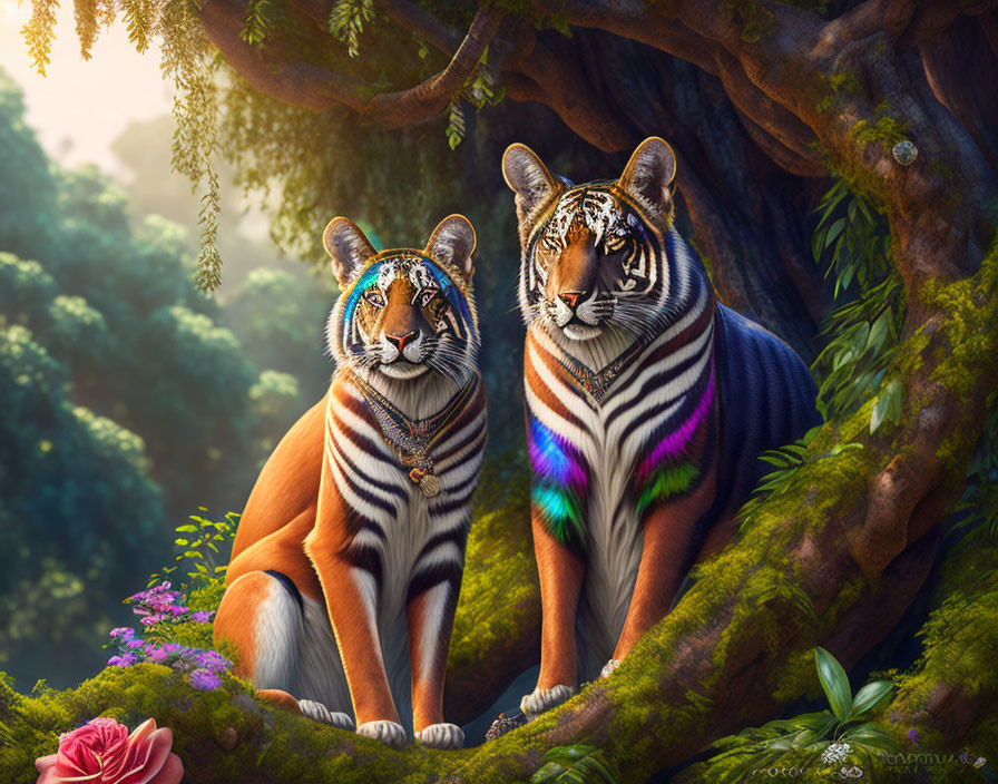 Colorful Striped Tigers on Tree Branch in Lush Forest