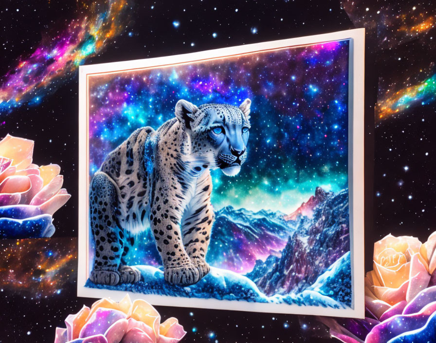 Snow leopard in cosmic space with galaxies and crystal formations