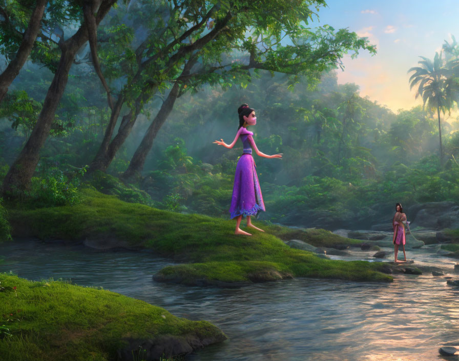 Animated girl in purple dress balances on rock by stream in lush forest