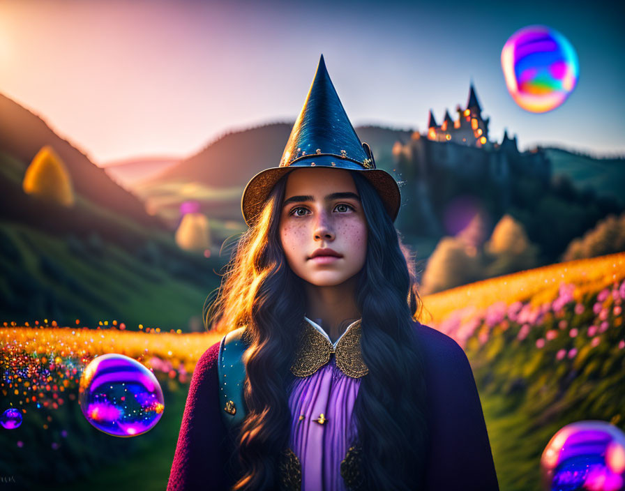 Young girl in witch costume in colorful field at sunset with bubbles and castle.