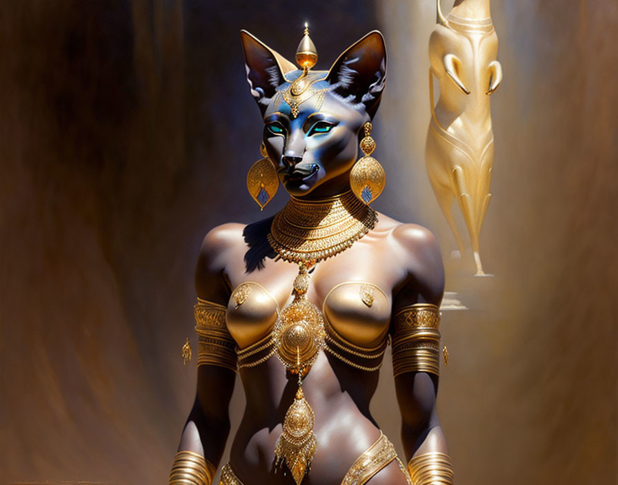 Anthropomorphic feline deity with golden jewelry in Egyptian setting