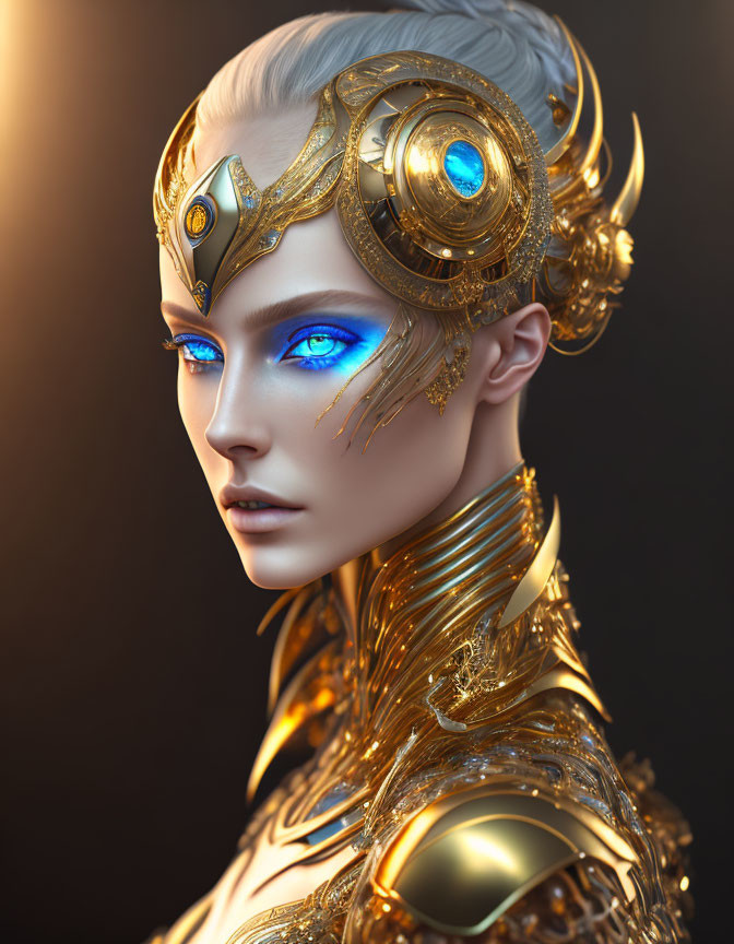 Female Figure in Golden Armor and Headdress with Glowing Blue Eyes