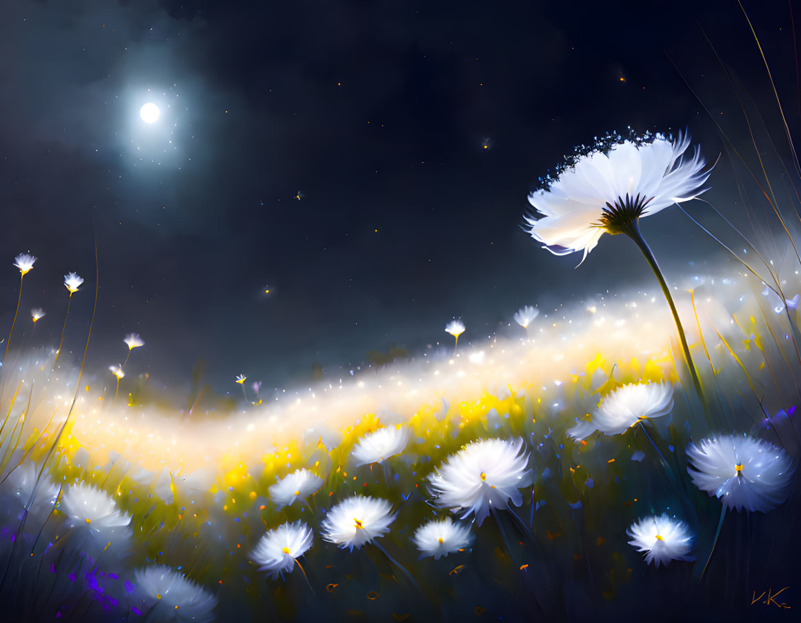 Moonlit digital painting of white daisies and fireflies in a serene night scene