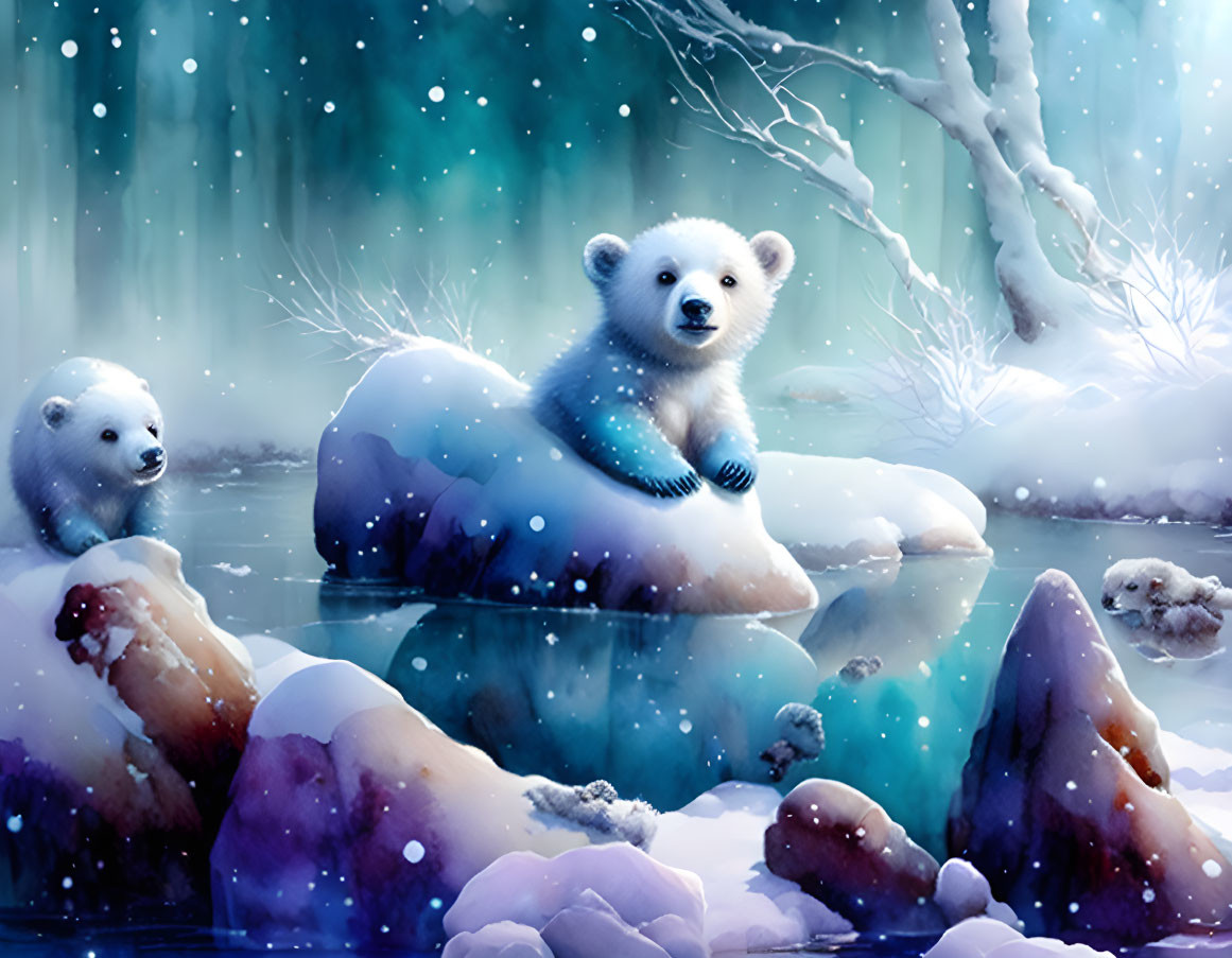 Digital Artwork: Baby Polar Bears in Mystical Winter Scene