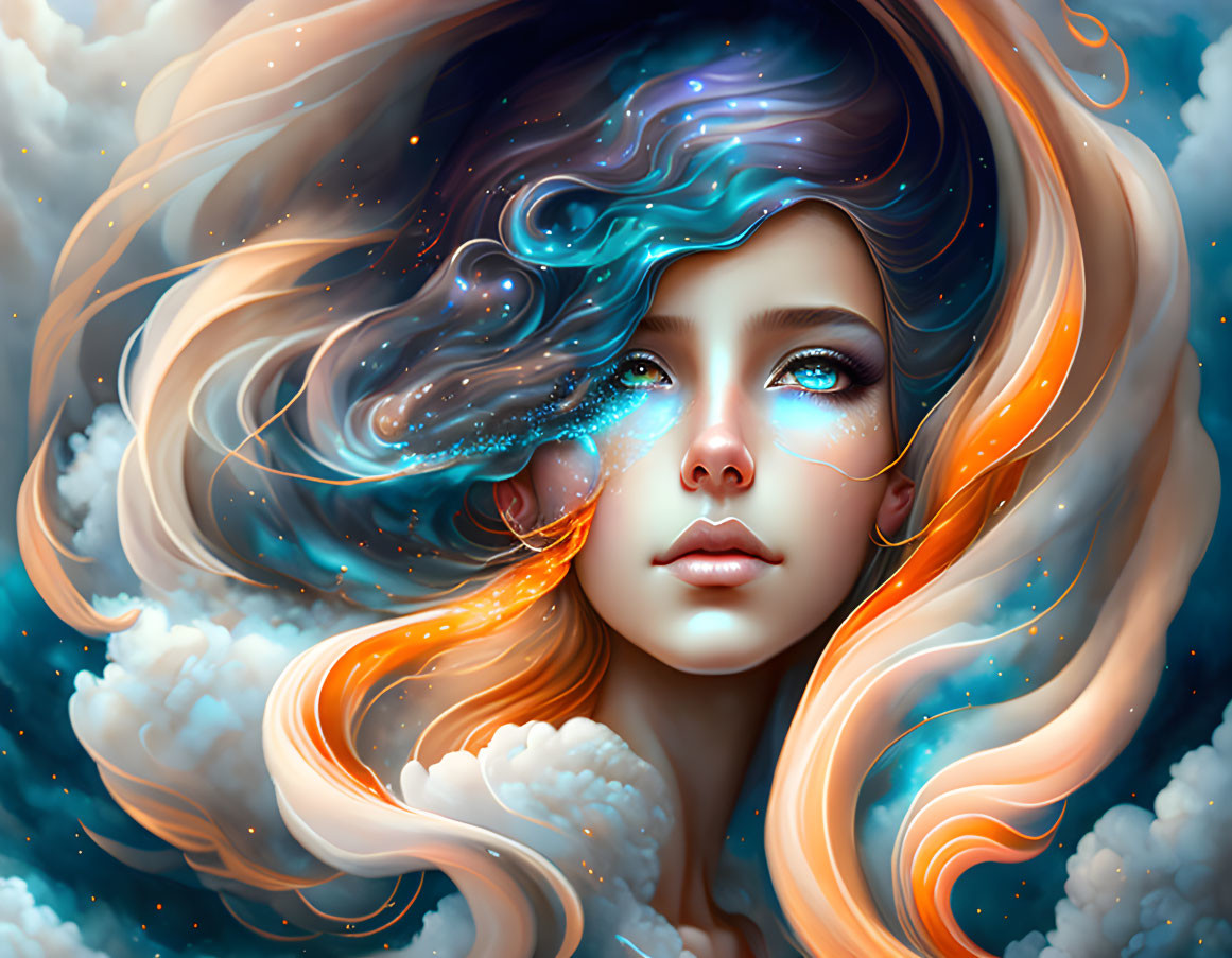 Illustrated portrait: Mystical woman with vibrant orange hair in cosmic sky