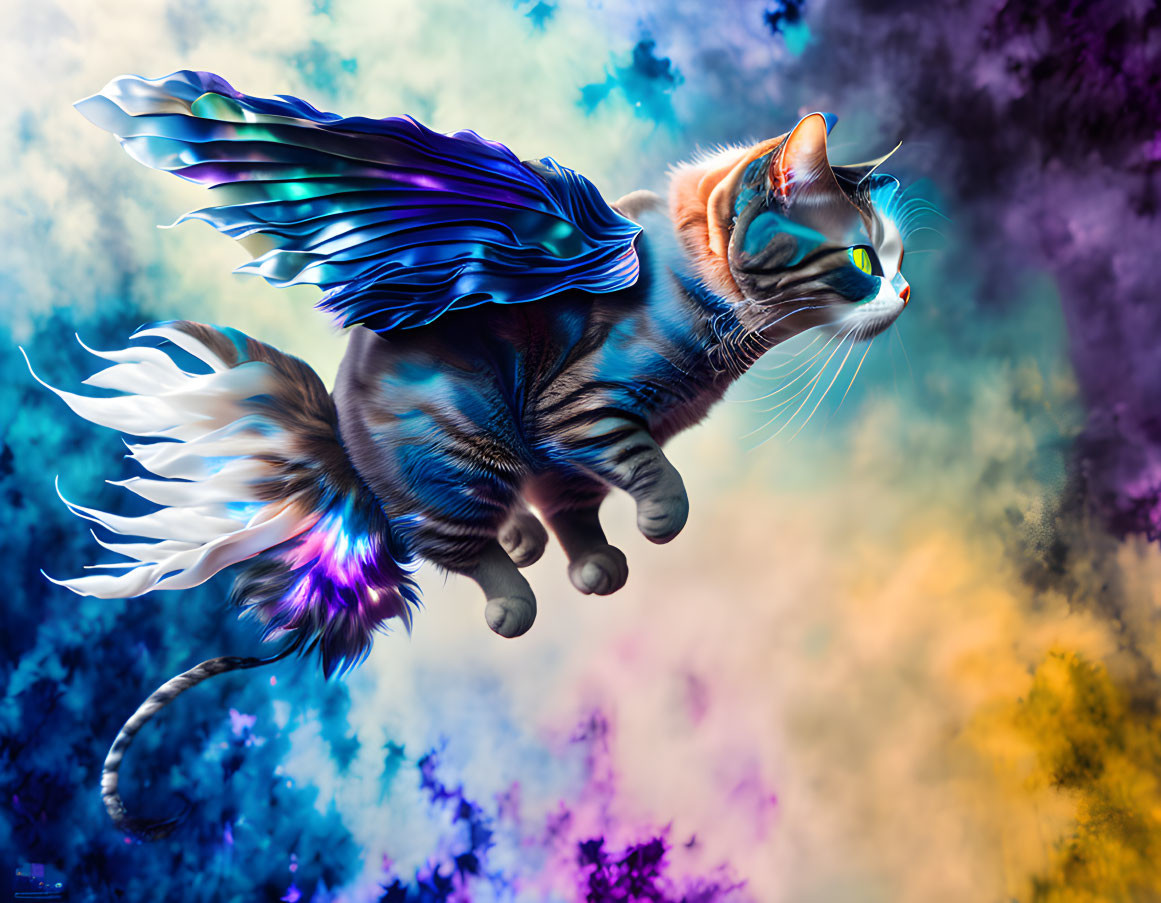 Colorful Digital Artwork: Cat with Wings in Dreamlike Cloudscape