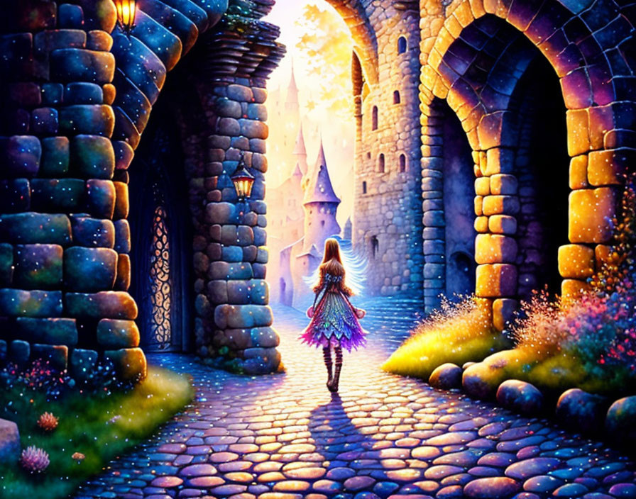 Young girl in colorful dress walking to glowing castle at dusk