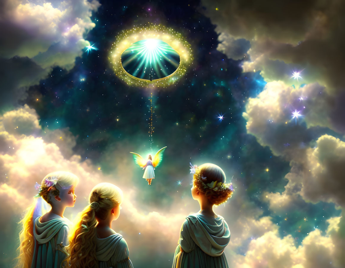 Ethereal girls and luminous bird under starlit sky