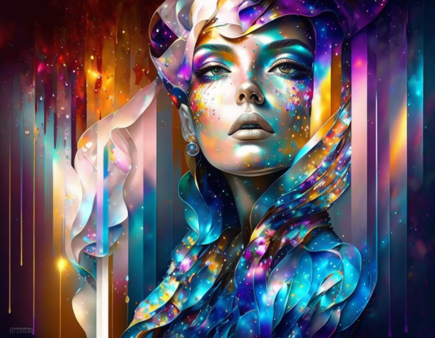 Vibrant digital artwork: Cosmic-inspired woman with sparkling skin & nebula headscarf