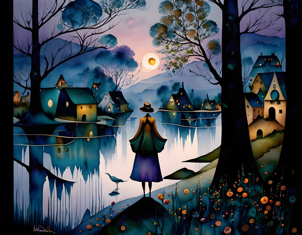 Nighttime scene by serene lake with village and moonlit sky