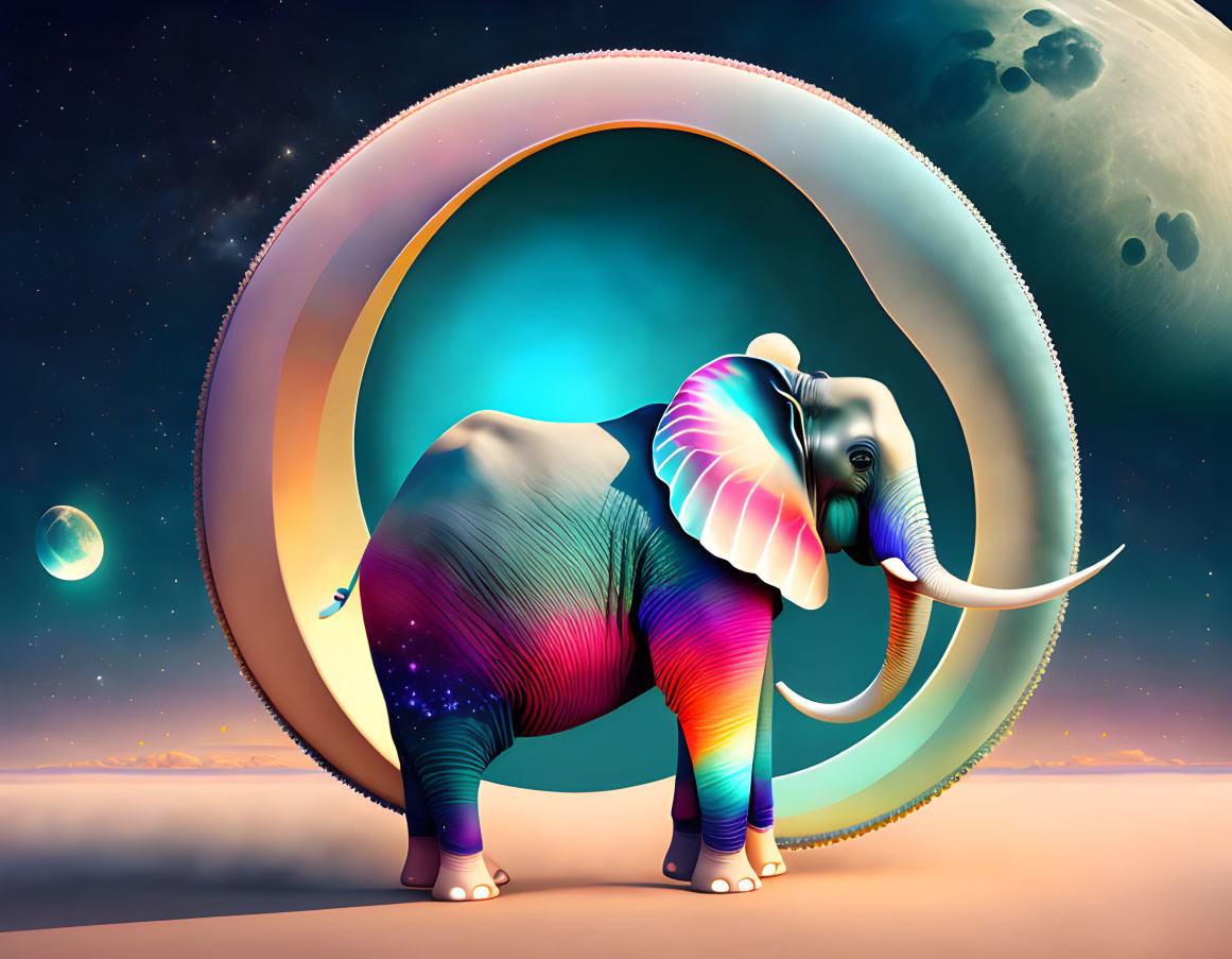 Colorful Elephant on Surreal Landscape with Cosmic Bands and Planet