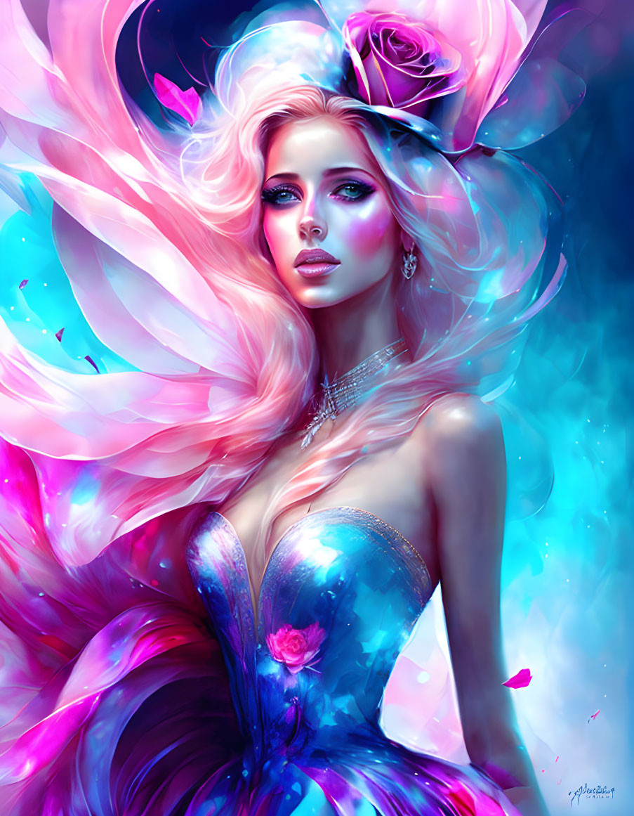 Colorful digital artwork: Woman with flowing hair, pink and blue dress, adorned with roses.