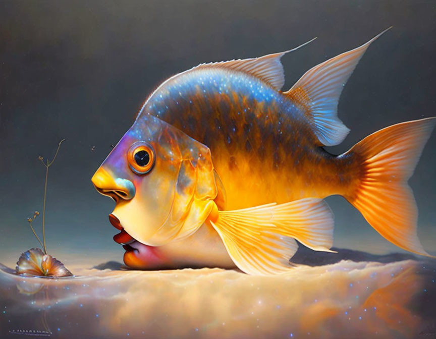 Surreal painting: fish with human-like face above sand, plant, and snail