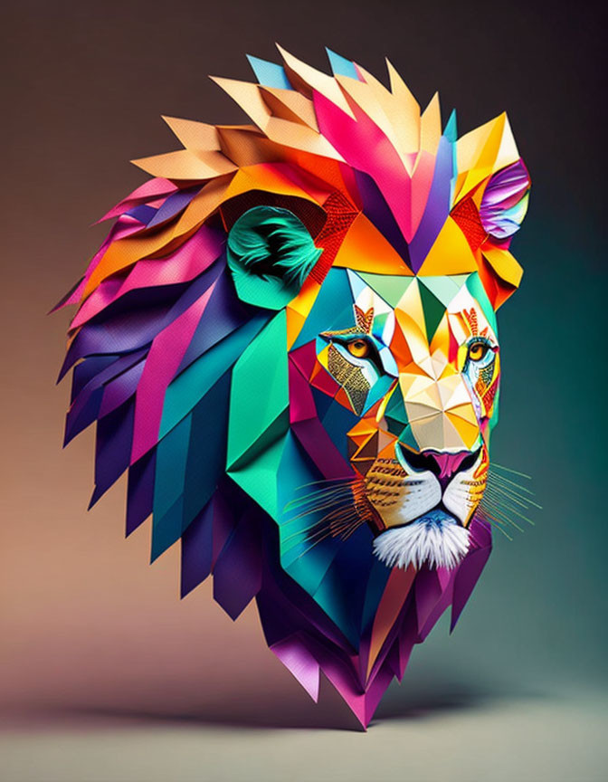 Colorful geometric lion head digital art on gradient background