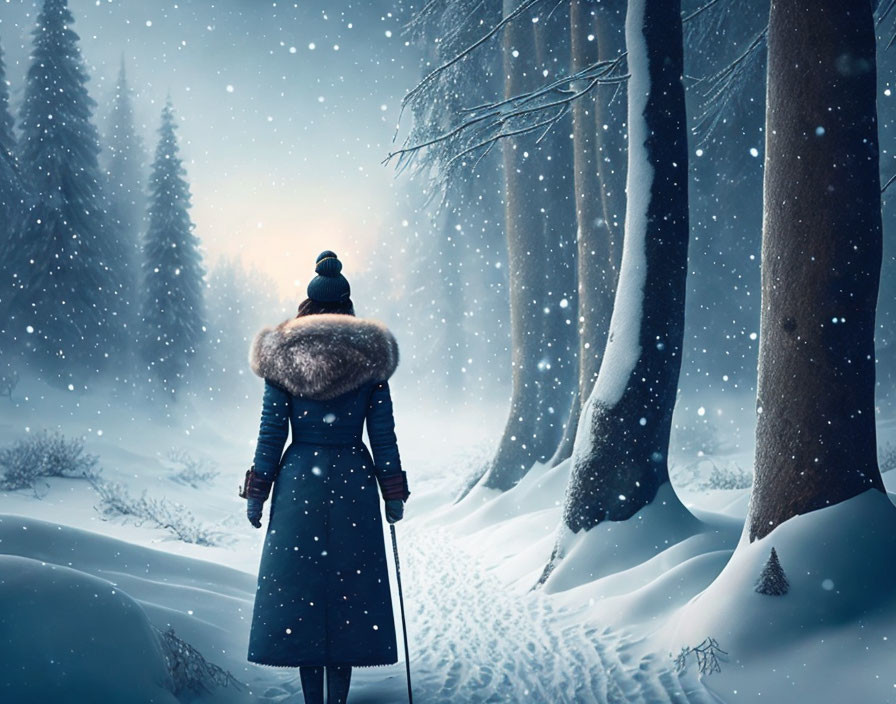 Person in Winter Coat Walking Through Snowy Forest