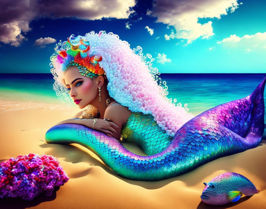Colorful Mermaid Illustration with Sea Creature Adornments