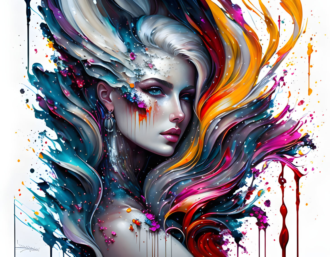 Colorful digital artwork: Woman with flowing hair, paint splatters, and floral elements