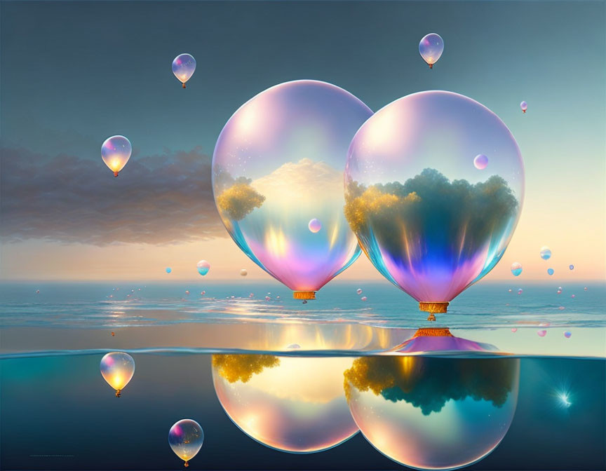 Surreal landscape: Heart-shaped hot air balloons over water, with smaller balloons, serene sky