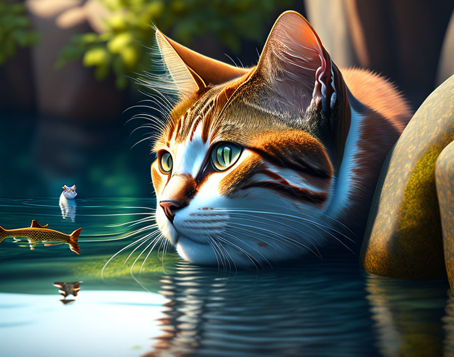 Digital artwork of orange tabby cat gazing at fish reflection