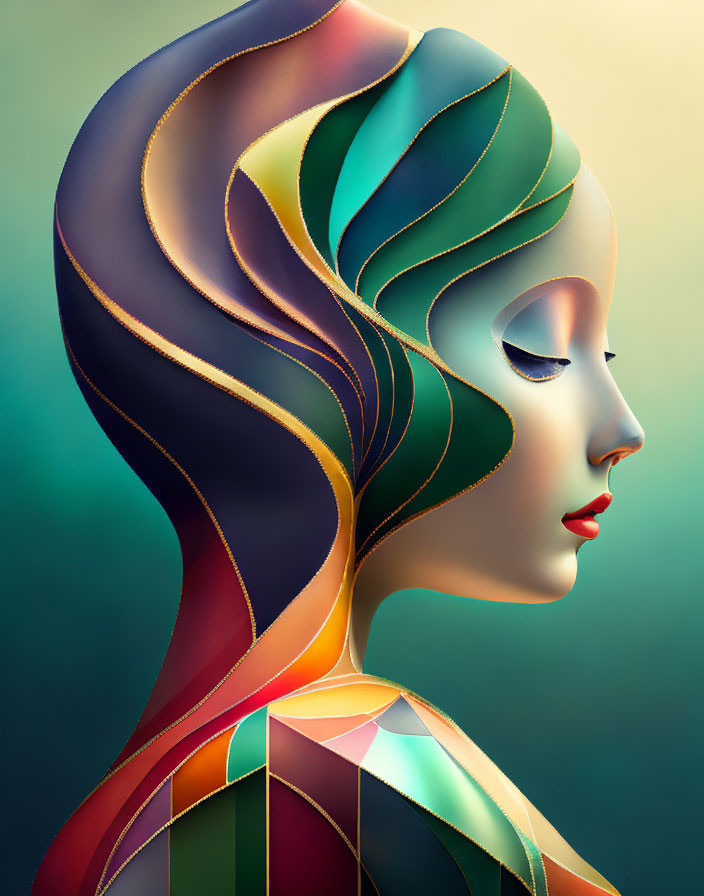 Colorful woman with flowing hair and geometric attire on teal backdrop