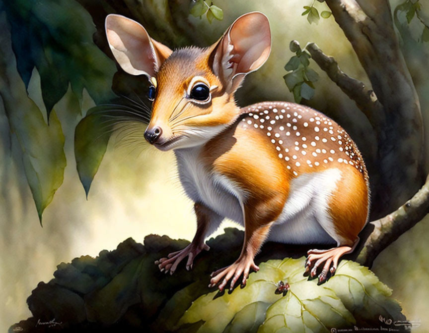 Realistic illustration of small spotted creature on leafy branch