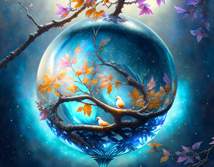 Spherical crystal with tree, birds, starry sky, autumn leaves