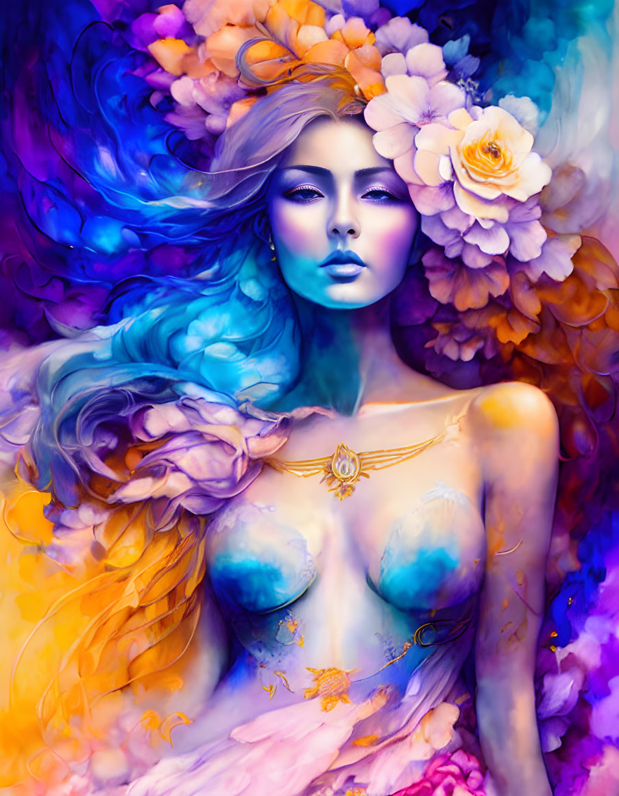 Colorful digital artwork: Woman with blue skin, floral hair accessories, and gold necklace