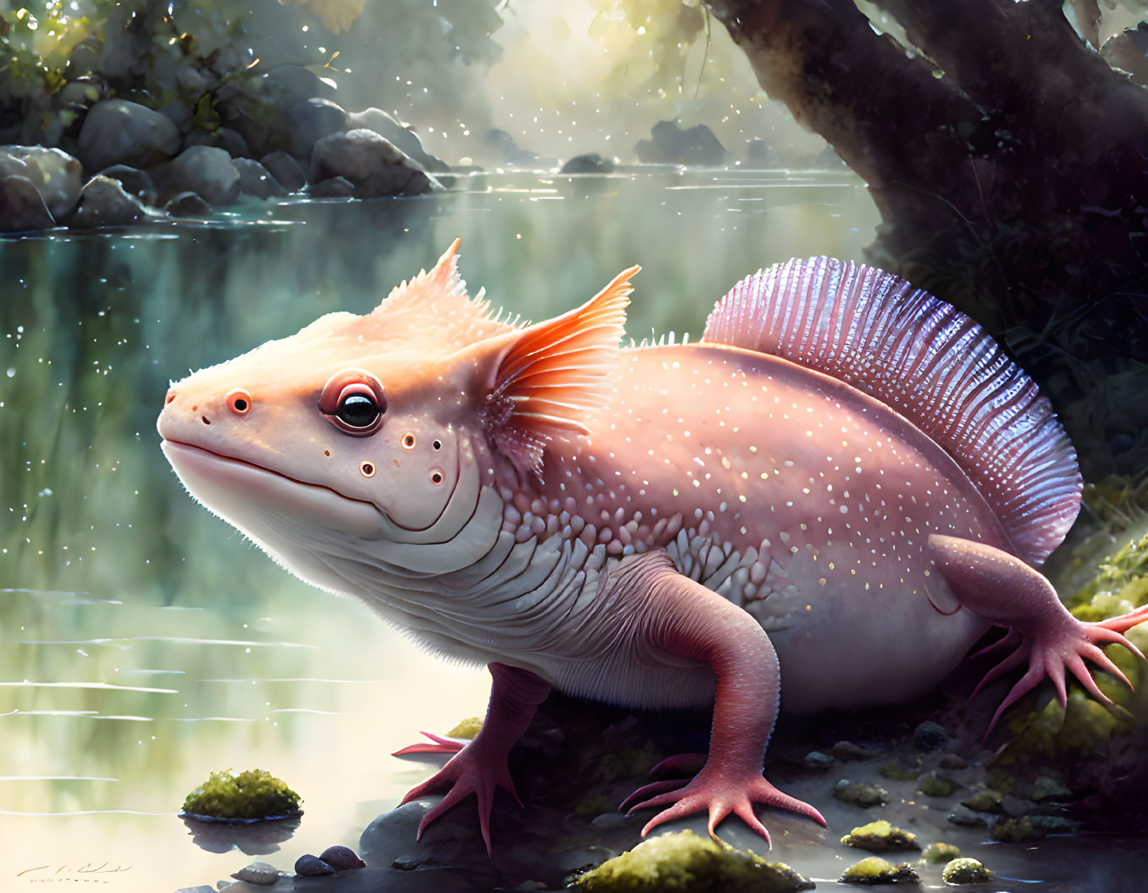 Giant pinkish-white axolotl creature by serene water and greenery