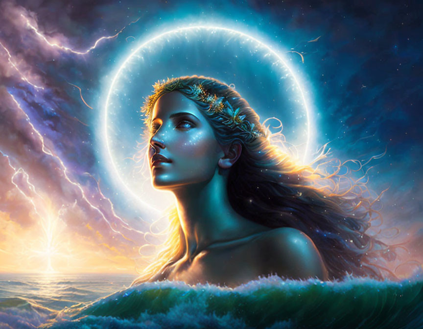 Mystical portrait of woman with halo and leaf crown in ocean waves