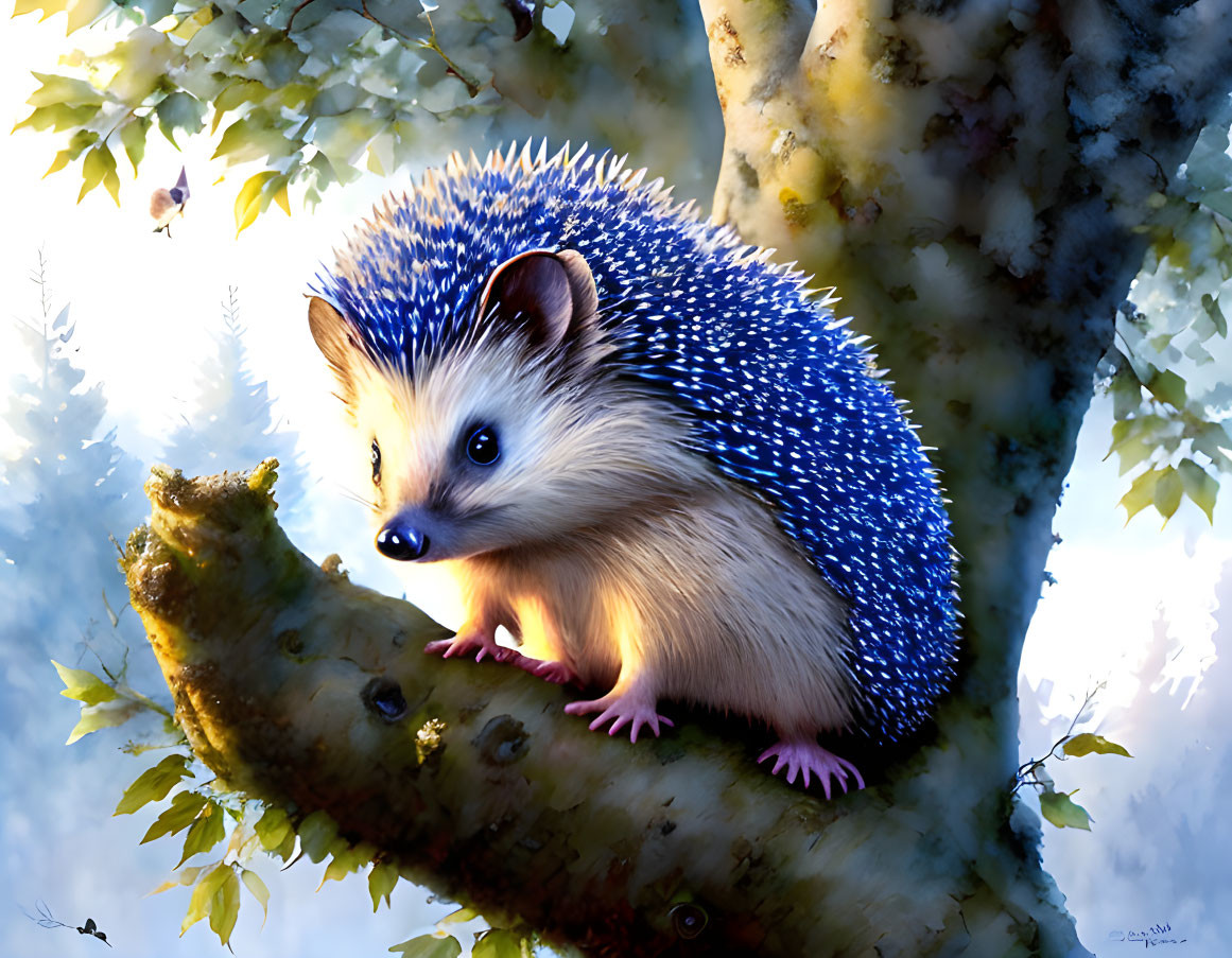 Colorful digital artwork: Plump hedgehog on tree branch with glistening quills