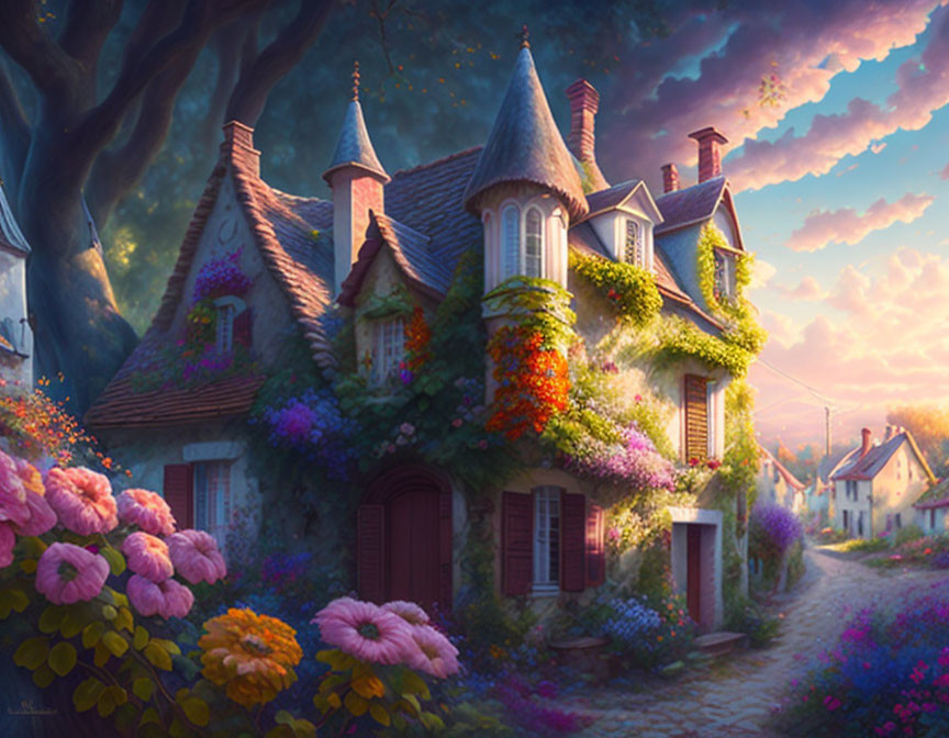 Charming cottage with vibrant climbing flowers under twilight sky