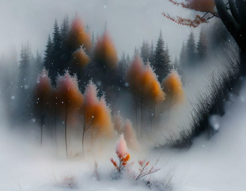 Tranquil Winter Landscape with Falling Snow and Snow-Covered Plants