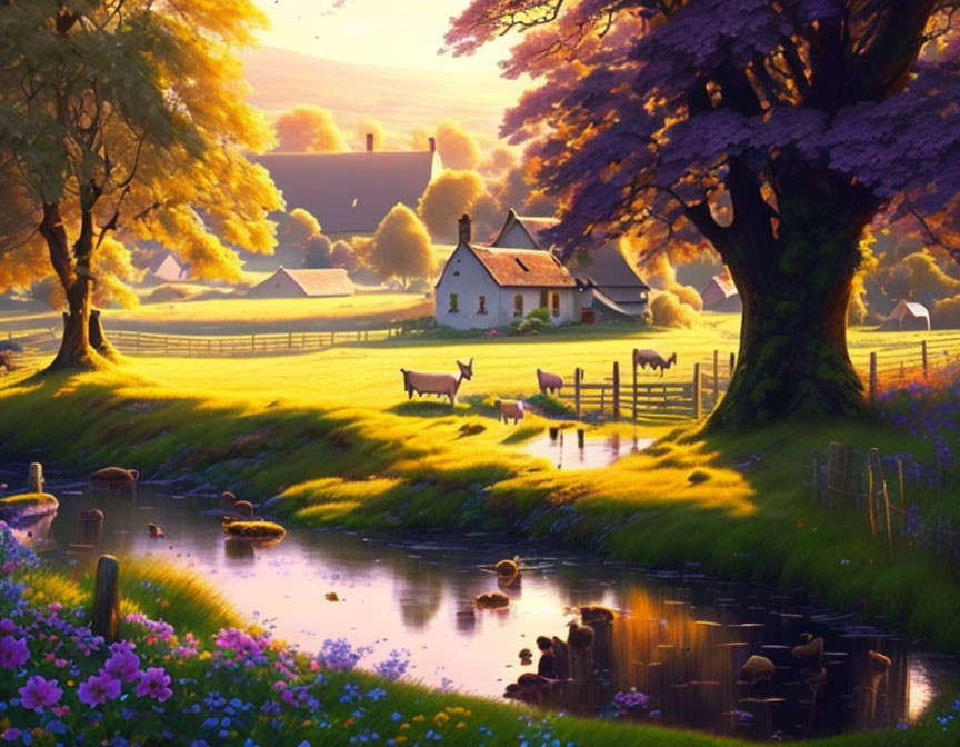 Tranquil sunset countryside landscape with house, trees, animals, pond