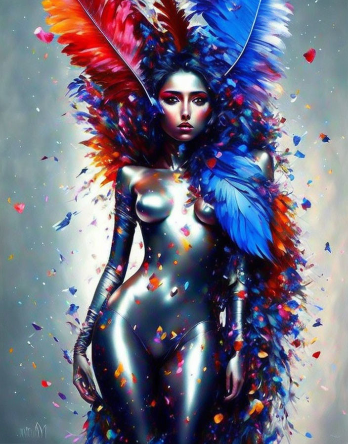 Vibrant woman with feathers and silver body paint on ethereal backdrop