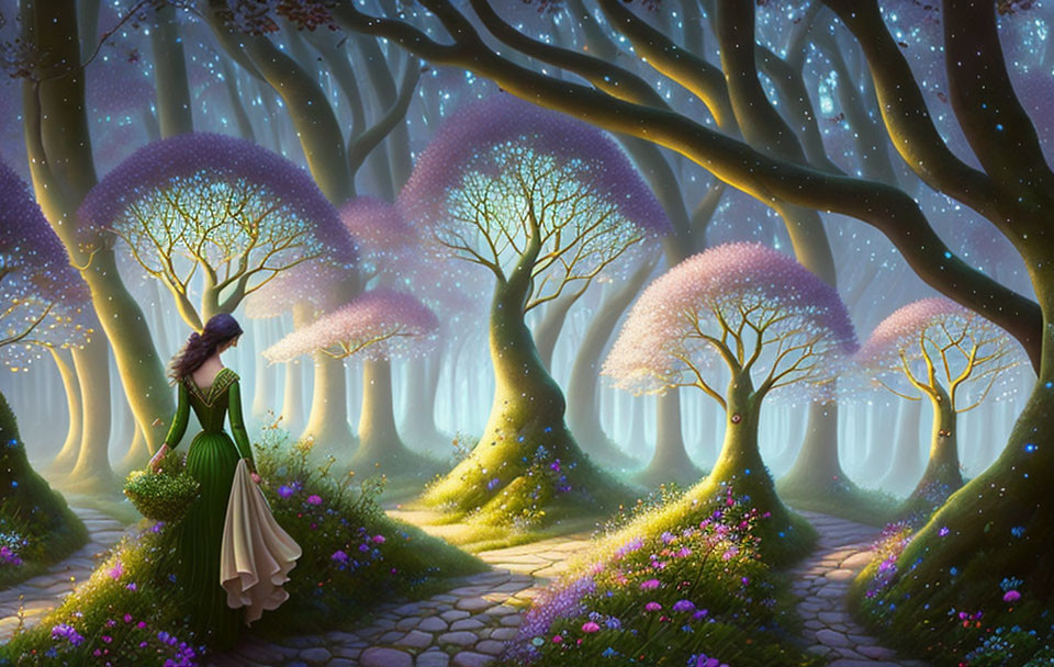 Woman in Green Dress Stands in Enchanting Forest