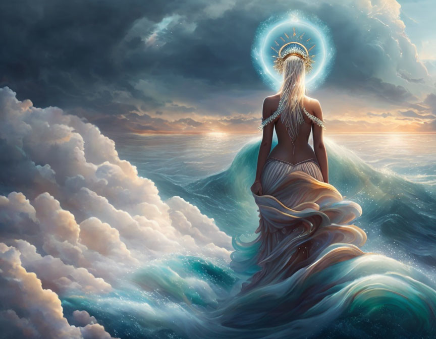 Mystical woman with long hair in clouds above sea