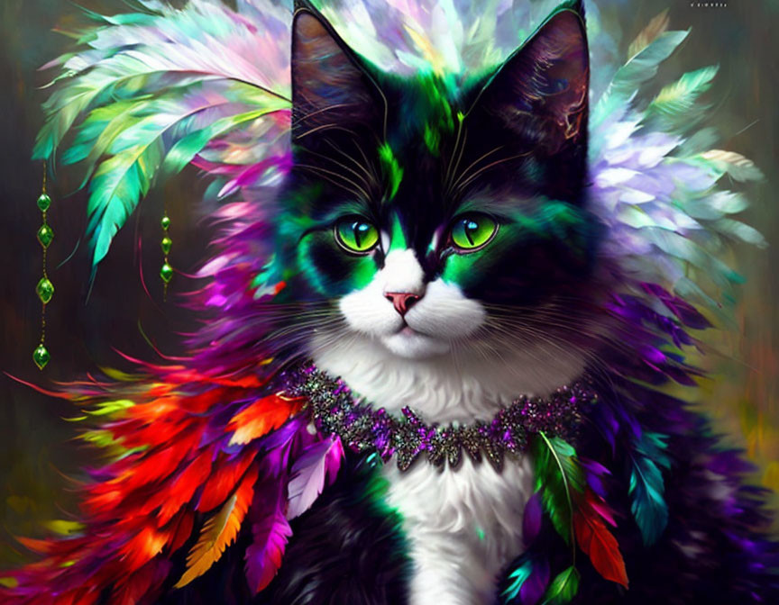 Vibrant cat with feathers and jewelry on soft-focus background