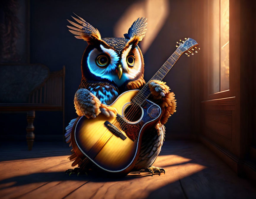 Animated owl playing guitar in warmly lit room with sunlight and long shadows