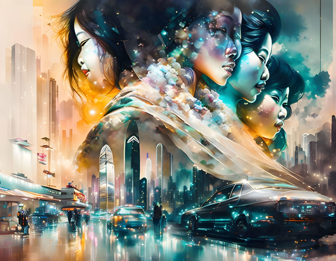 Futuristic cityscape & ethereal women portraits with neon lights