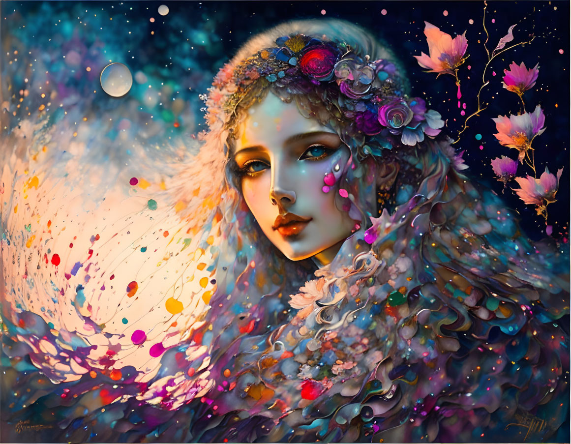 Fantasy portrait of a woman with floral adornments and cosmic background