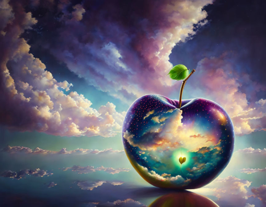 Surreal cosmic apple with stars, leaf, and glowing heart cutout