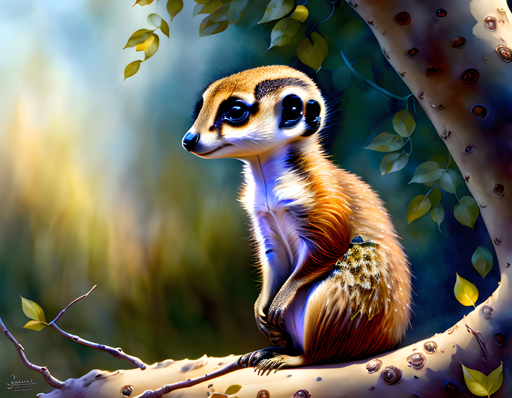 Vibrant digital artwork: meerkat on tree branch