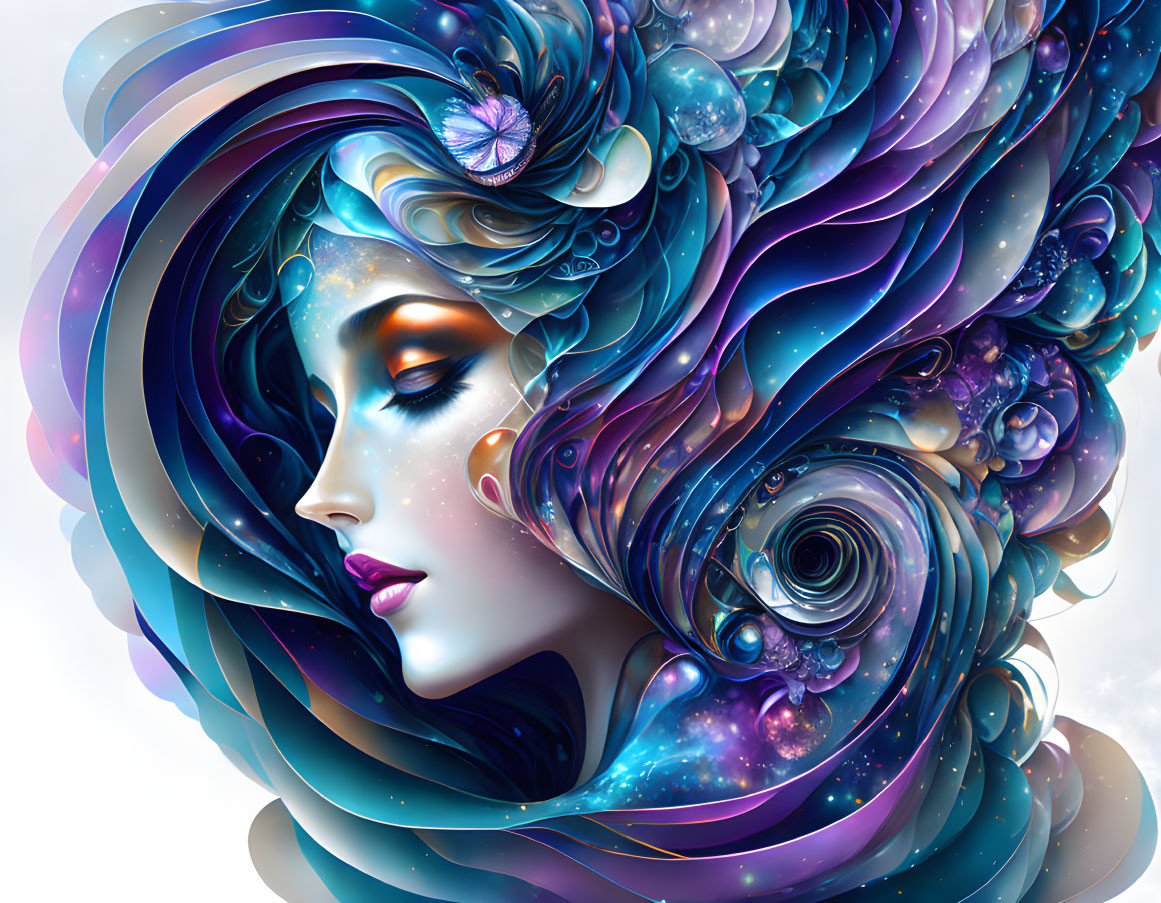 Colorful digital artwork: Woman with cosmic and floral hair in blue, purple, teal