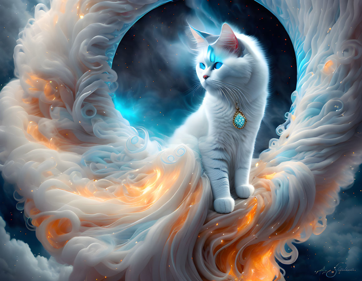 White Cat with Blue Eyes in Cosmic Space Scene