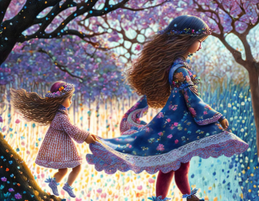 Illustrated girls in floral dresses walking hand in hand in colorful meadow