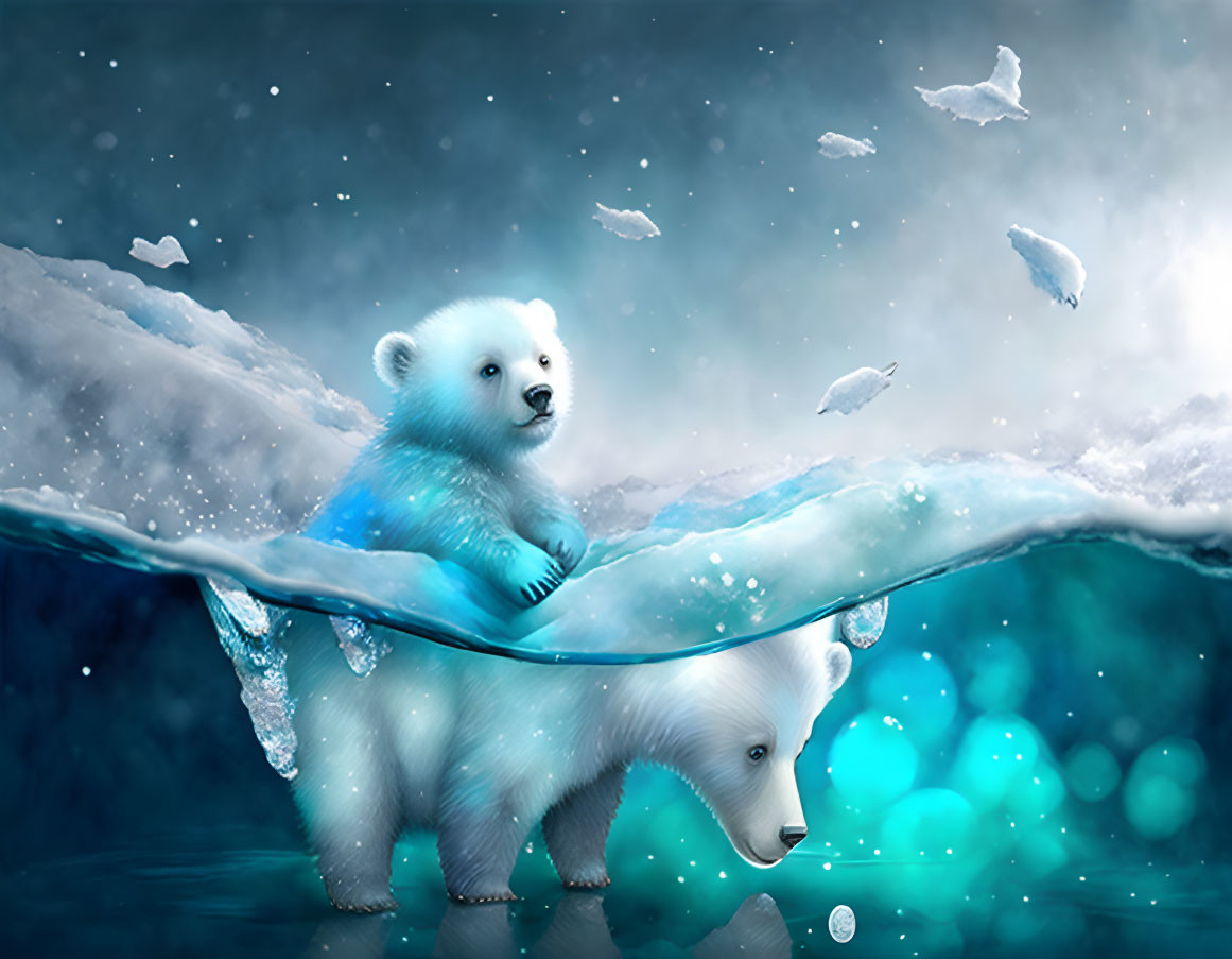 Polar bear and cub in magical underwater scene